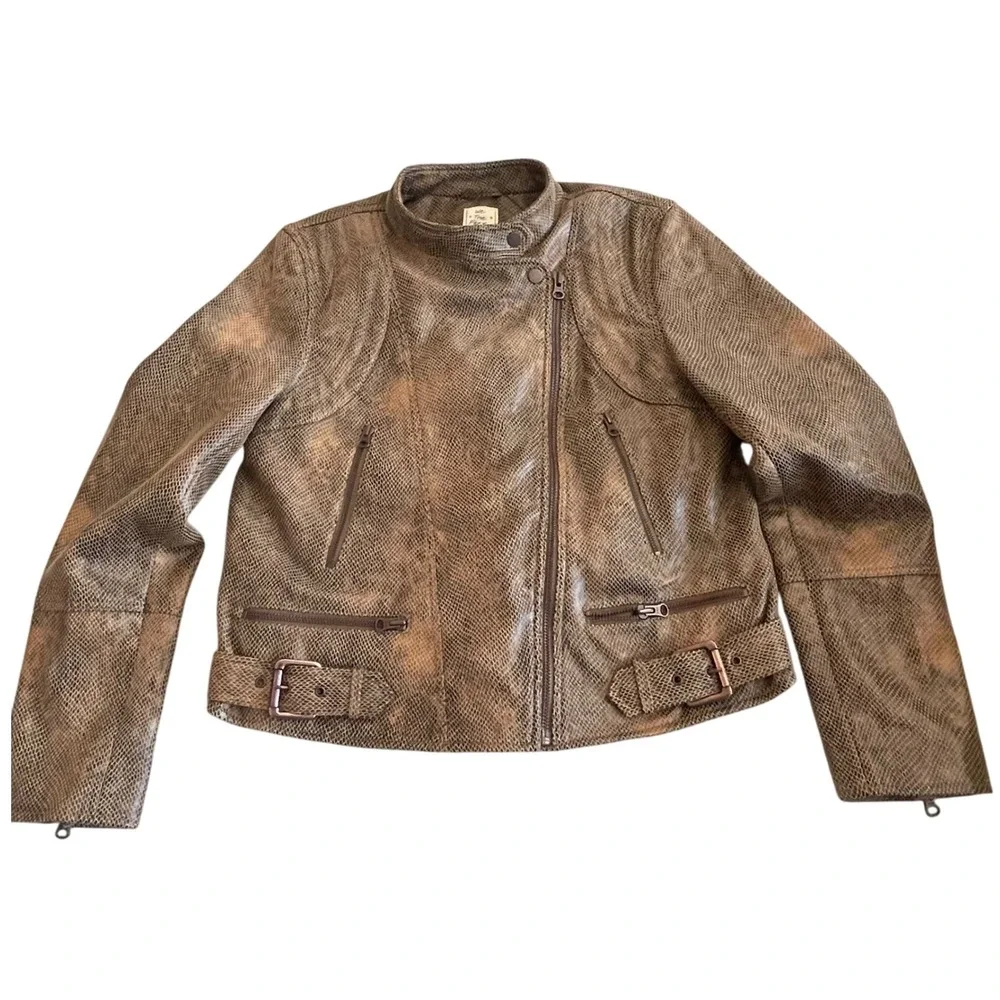 Free‎ People We The Free Snake Print Vegan Leather Moto Jacket Brown L NWT - Picture 6 of 15
